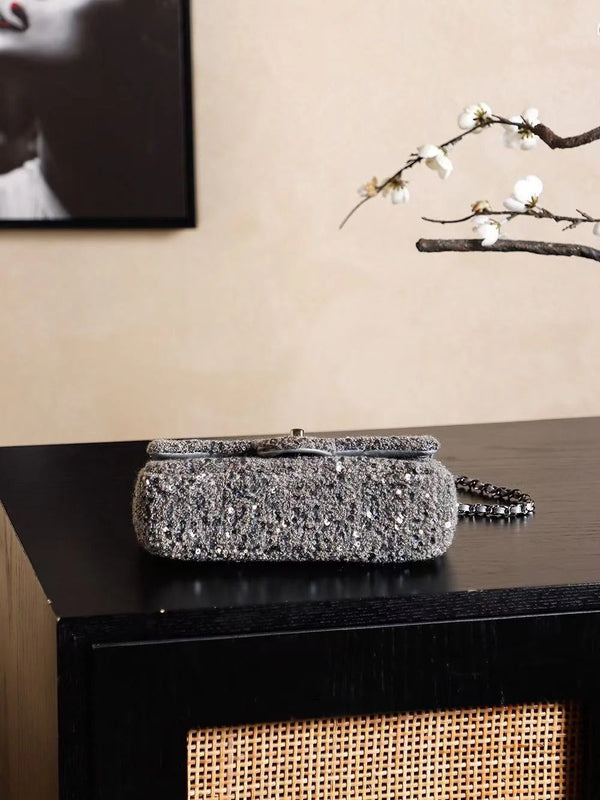 Chanel 2026 Flap Bag 21cm Silver Gray Chevron Sequin