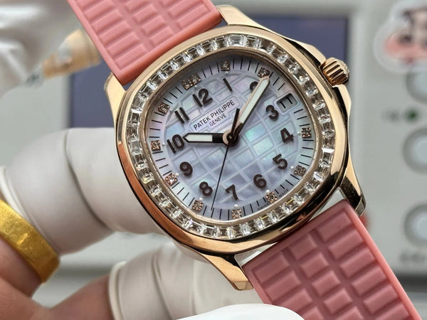 Patek Philippe Aquanaut 36mm Pink Gold Case Diamond Dial Pink Rubber Strap