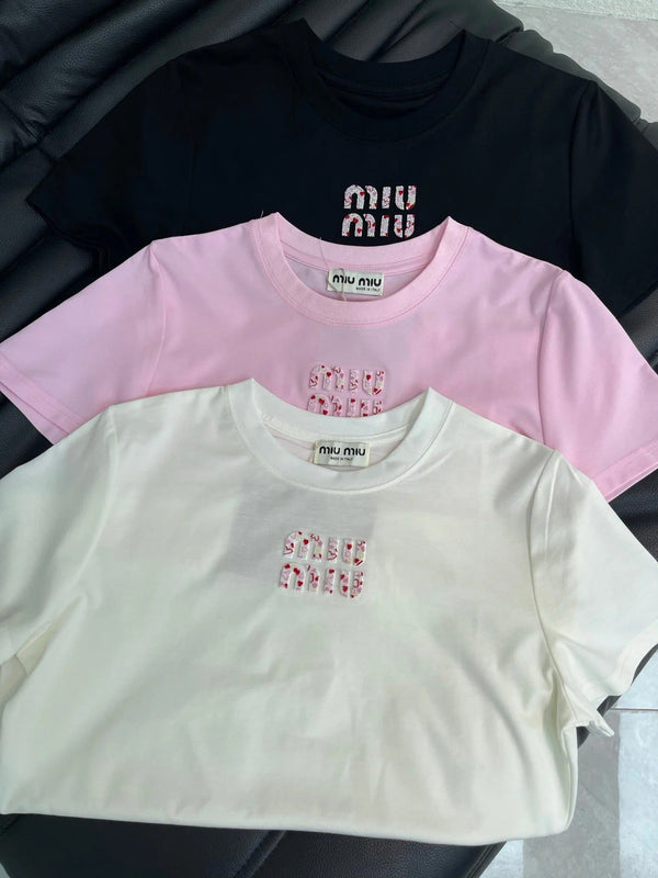 T-shirt en coton Miumiu 2026 à manches courtes brodé cœur 345844