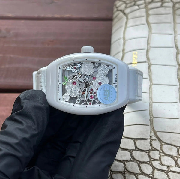 Franck Muller Vanguard 32mm Multicolor Flower Dial White Crocodial Leather