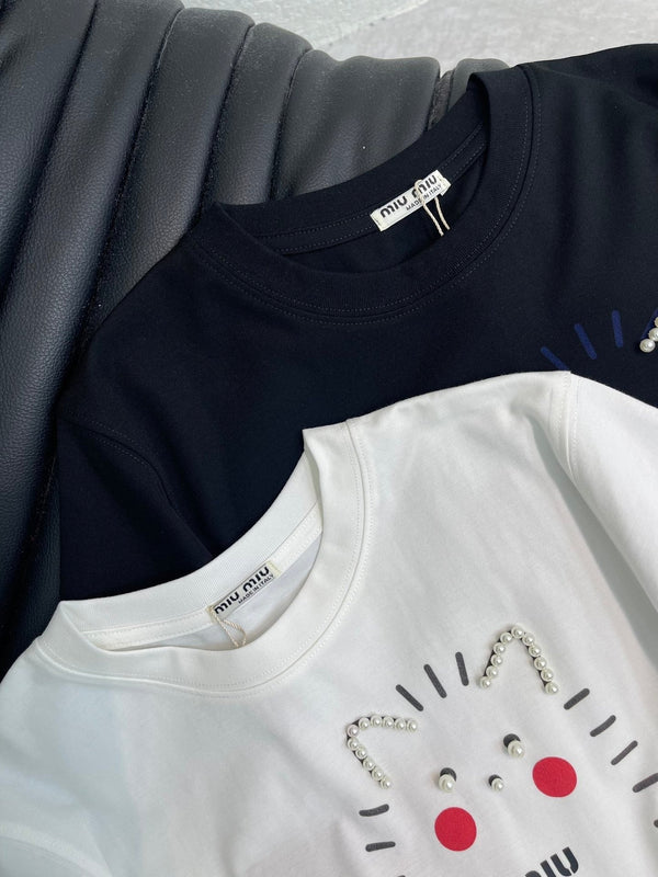 Miumiu 2026 T-shirt Manches Courtes en Coton Perlé Imprimé Chats et Résistant 343406