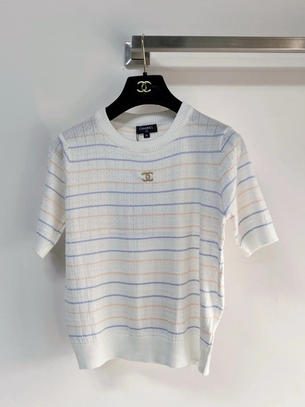 T-shirt manches courtes Chanel 2026 Vert Blanc Cachemire Laine 149440
