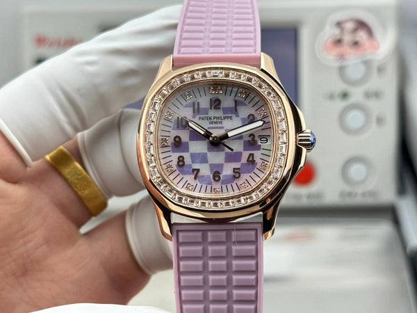 Patek Philippe Aquanaut 36mm Pink Gold Case Diamond Dial Light Purple Rubber Strap