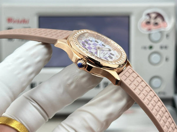 Patek Philippe Aquanaut 36mm Pink Gold Case Diamond Dial Nude Rubber Strap