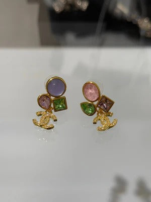 Boucles d'oreilles style perle de verre AB double C, diamantées, dorées, gemmes, collection CC 2026