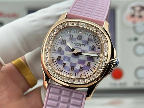 Patek Philippe Aquanaut 36mm Pink Gold Case Diamond Dial Light Purple Rubber Strap