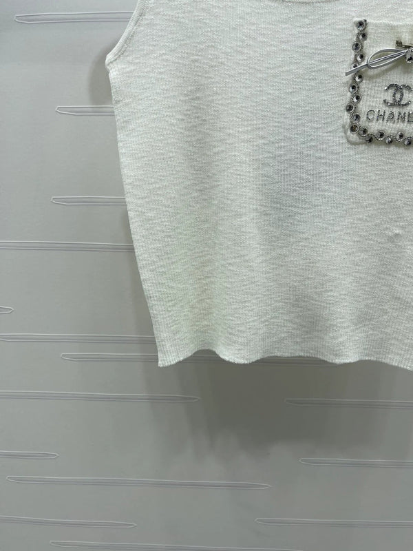 Chanel 2026 Gilet à poches en strass blanc Tencel Laine 257259