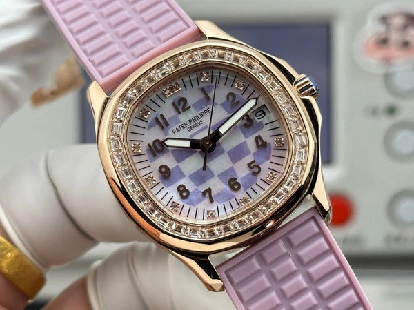 Patek Philippe Aquanaut 36mm Pink Gold Case Diamond Dial Light Purple Rubber Strap