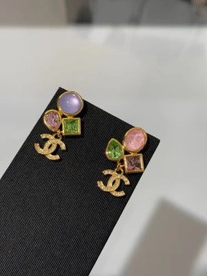 Boucles d'oreilles style perle de verre AB double C, diamantées, dorées, gemmes, collection CC 2026