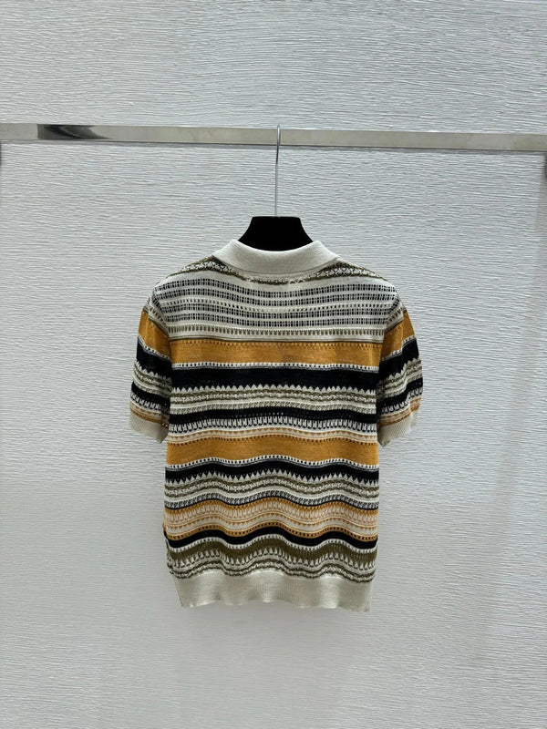 CC 2026 Striped Collared Simple Knit Short-Sleeve T-Shirt Wool Nylon 397696