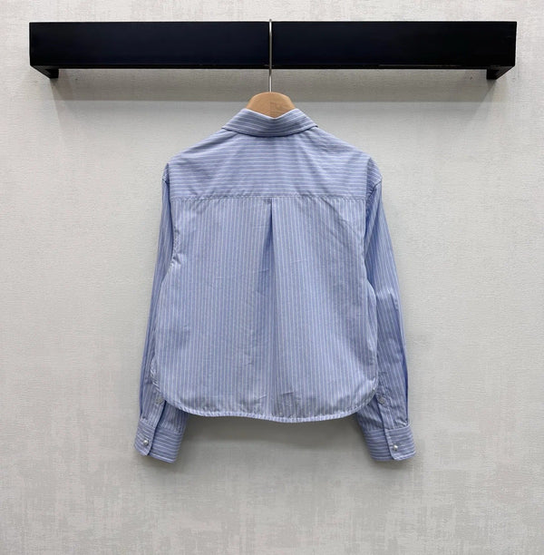 Chanel 2026 Pearl Button Chain Trim Short Shirt Blue Cotton 206642