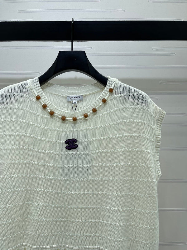 Chanel 2026 Gilet sans manches en tricot ajouré coton bleu et blanc 359840