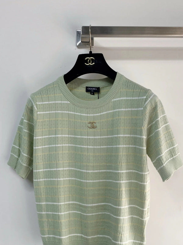 T-shirt manches courtes Chanel 2026 Vert Blanc Cachemire Laine 149440