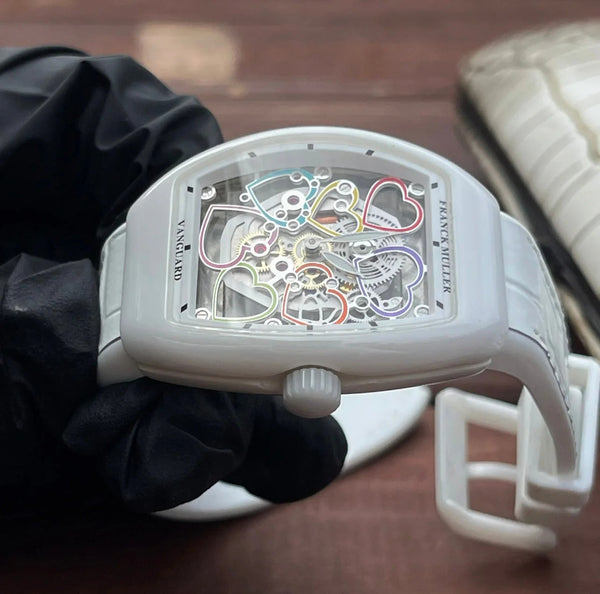 Franck Muller Vanguard 32mm Multicolor Heart Dial White Crocodial Leather