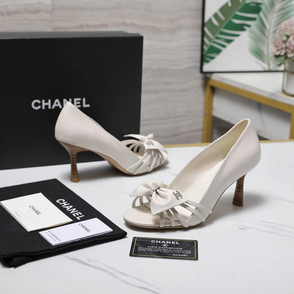 CC 2026 Bow Strappy High-Heeled Peep Toe Sandals White Cowhide 758431