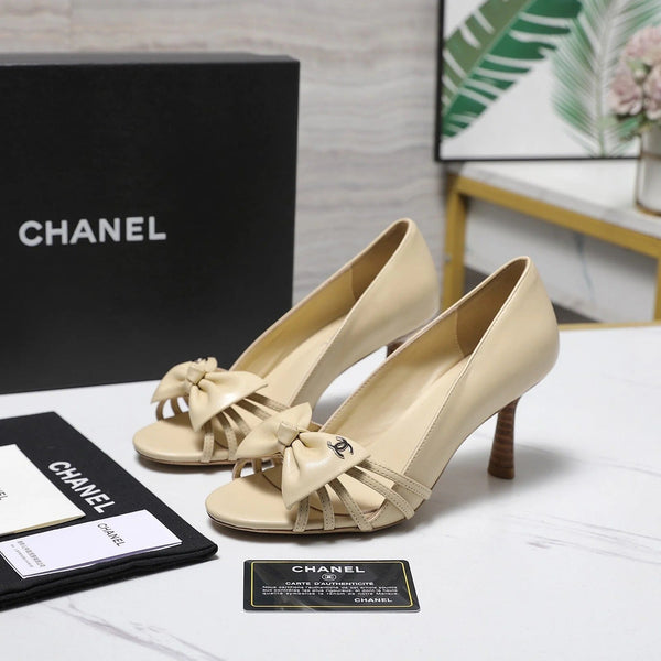 CC 2026 Bow Strappy High-Heeled Peep Toe Sandals Beige Cowhide 758432
