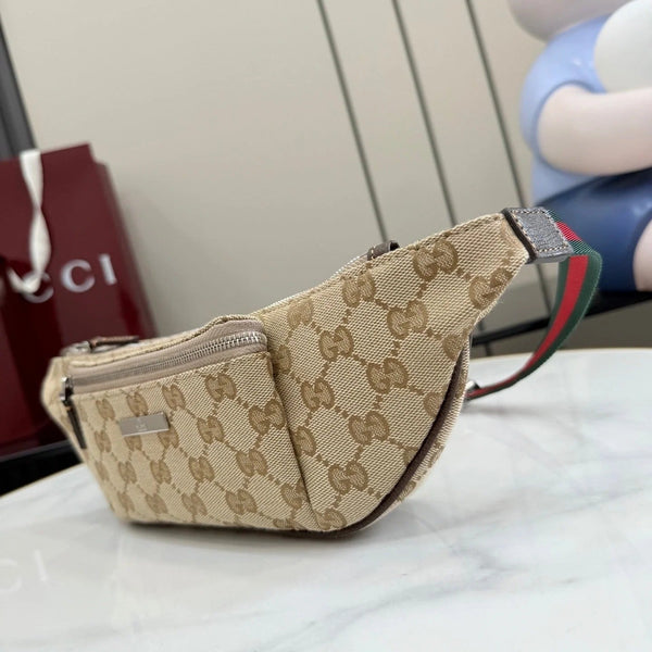 GG 2026 Flatpack Belt Bag 20cm Sand mix Brown Canvas Leather