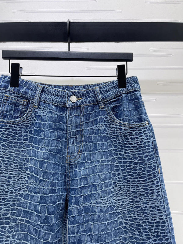 Chanel 2026 Jean Taille Haute Bleu Coton Imprimé Croco 363373