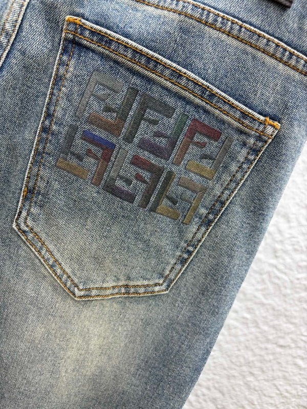 FF 2026 Men's Jeans Washed Blue Brown Logo Denim 738154