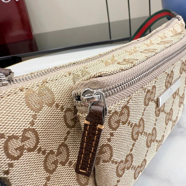 GG 2026 Flatpack Belt Bag 20cm Sand mix Brown Canvas Leather