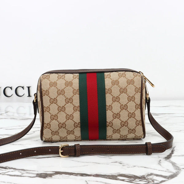 GG 2026 Horsebit Web Camera Bag 22cm Sand mix Brown Canvas Leather
