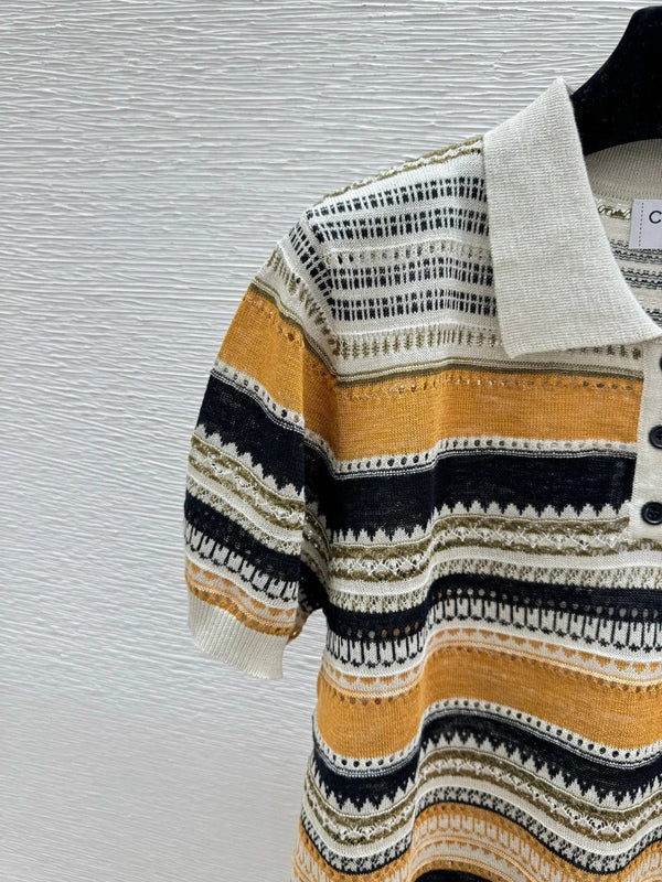 CC 2026 Striped Collared Simple Knit Short-Sleeve T-Shirt Wool Nylon 397696