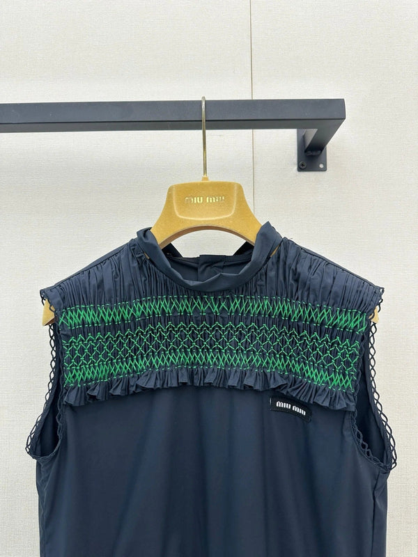 Miu 2026 Sleeveless Dress Navy Green Cotton 648450