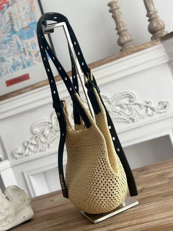 Loewe x Paula's Ibiza Small Punch Hole Hobo Bag Beige Black Raffia Leather