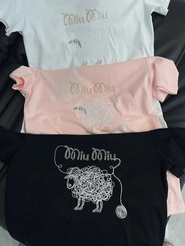 T-shirt Miumiu 2026 en coton brodé mouton manches courtes 343442