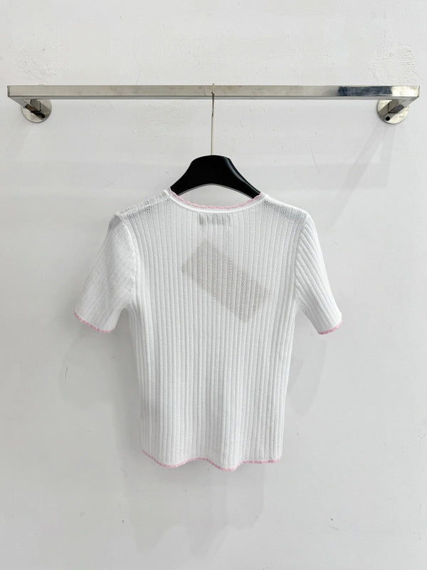 Haut à manches courtes en maille à bordure rose Miumiu 2026 Tencel Nylon 179459