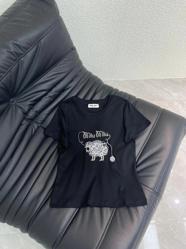 T-shirt Miumiu 2026 en coton brodé mouton manches courtes 343442