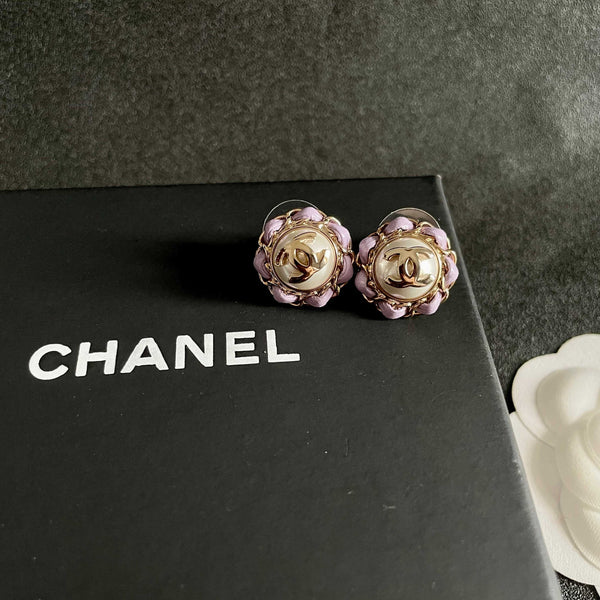 CC Pendant Double C Purple Pearl Gold Earrings