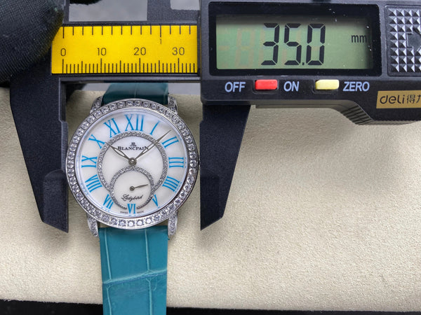 Blancpain's Ladybird 35mm White Blue Dial Diamond Bezel Crocodile Leather