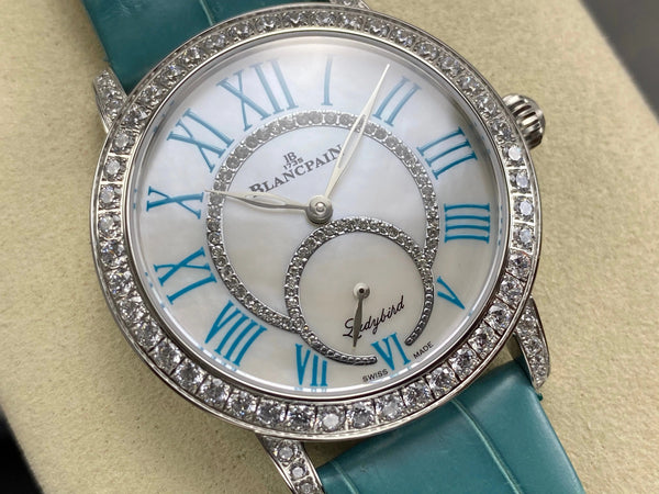 Blancpain's Ladybird 35mm White Blue Dial Diamond Bezel Crocodile Leather