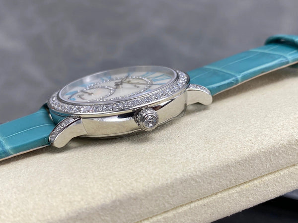 Blancpain's Ladybird 35mm White Blue Dial Diamond Bezel Crocodile Leather