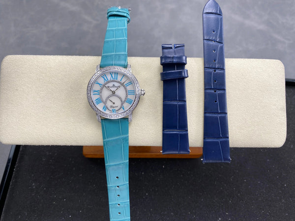 Blancpain's Ladybird 35mm White Blue Dial Diamond Bezel Crocodile Leather