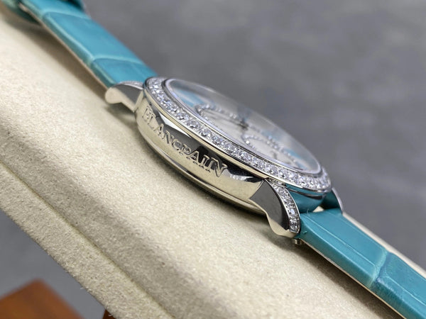 Blancpain's Ladybird 35mm White Blue Dial Diamond Bezel Crocodile Leather