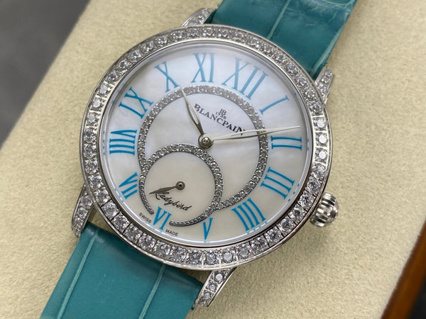 Blancpain's Ladybird 35mm White Blue Dial Diamond Bezel Crocodile Leather