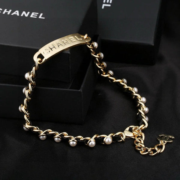 CC Choker Black Gold Pearl Leather Necklace