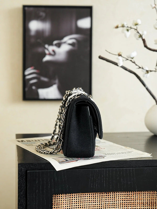 CC 2026 Wheat Embroidery Bag 25.5cm Black Velvet Leather