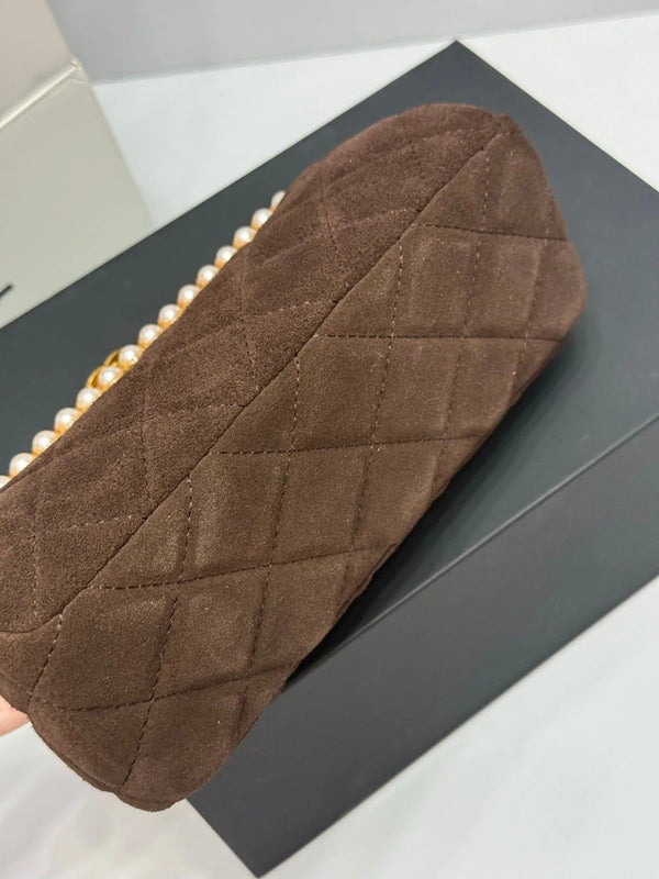 Chanel 2026 Pearl Clutch Brown Gold Velvet Leather