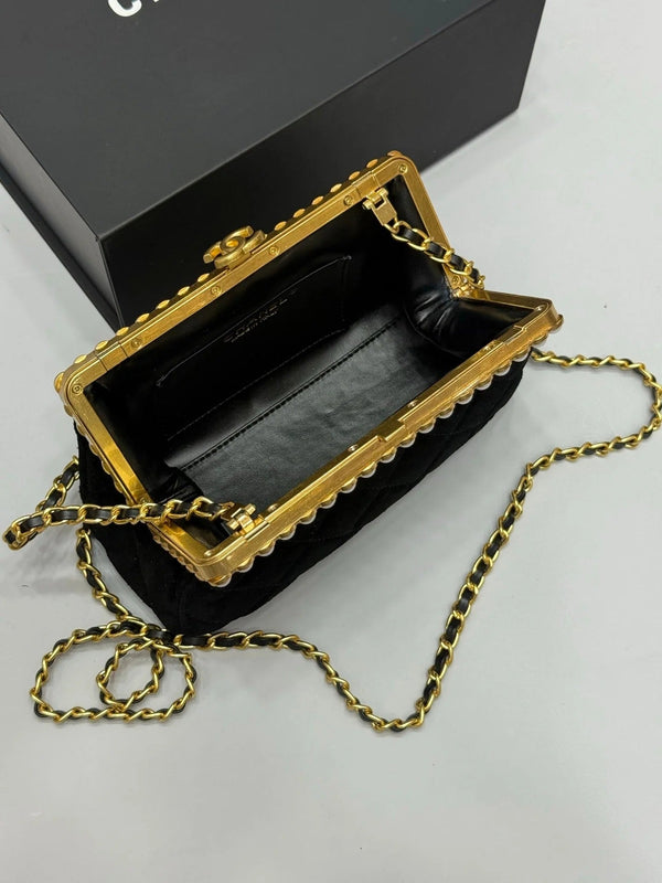 Chanel 2026 Pearl Clutch Black Gold Velvet Leather