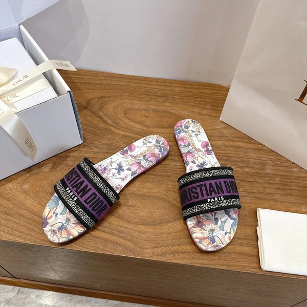 CD 26s Flower Flat Sandals Canvas Cowhide 685494