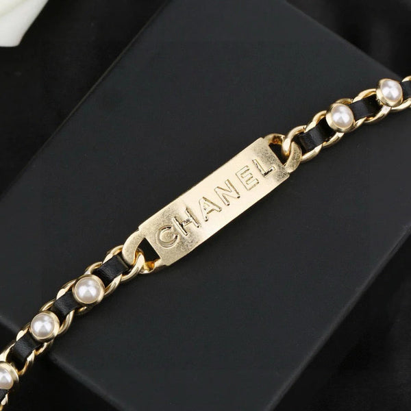 CC Choker Black Gold Pearl Leather Necklace