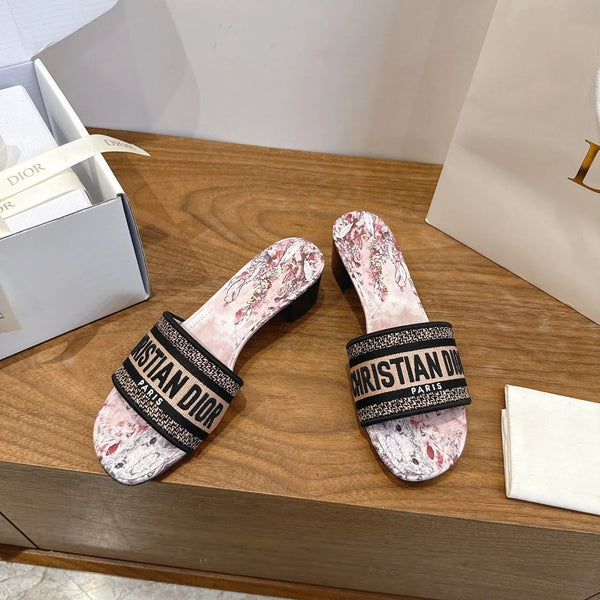 CD 26s Flower Flat Sandals 45 Canvas Cowhide 685487