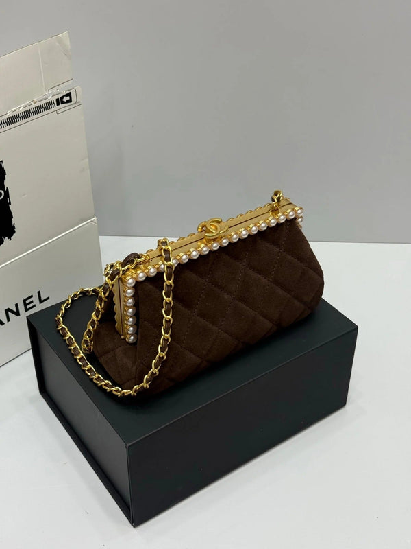 Chanel 2026 Pearl Clutch Brown Gold Velvet Leather