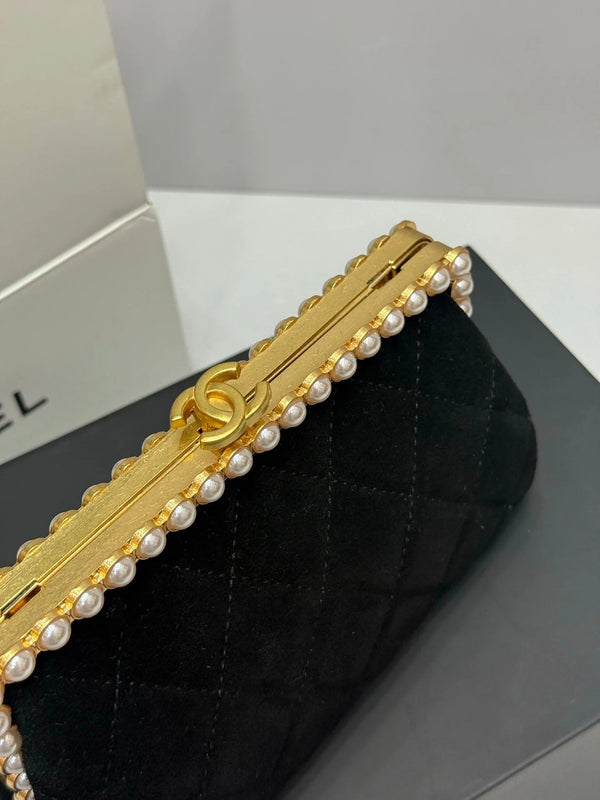 Chanel 2026 Pearl Clutch Black Gold Velvet Leather