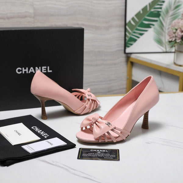 CC 2026 Bow Strappy High-Heeled Peep Toe Sandals Pink Cowhide 758433