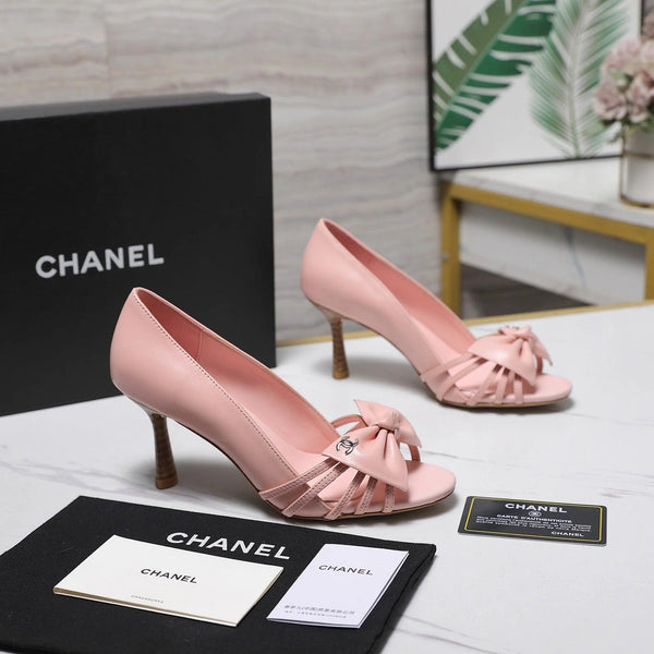 CC 2026 Bow Strappy High-Heeled Peep Toe Sandals Pink Cowhide 758433