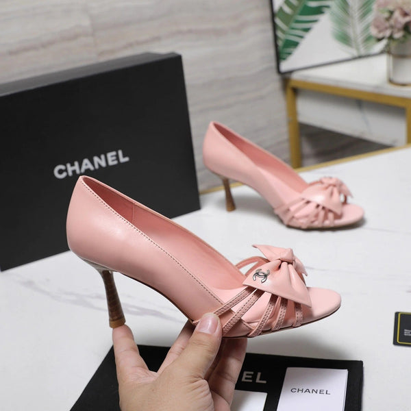 CC 2026 Bow Strappy High-Heeled Peep Toe Sandals Pink Cowhide 758433